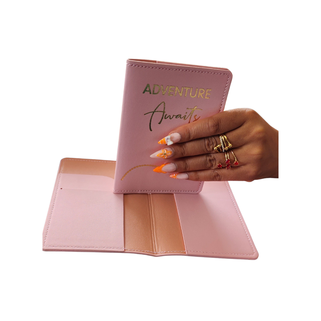 Adventure Awaits Passport Cover – PU Leather Travel Wallet Holder with Card Slots, Stylish & Durable Gift for Men & Women