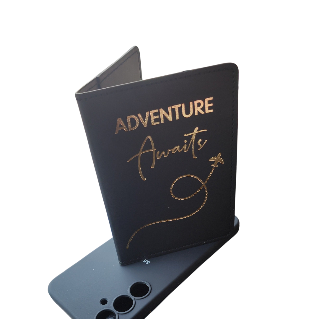 Adventure Awaits Passport Cover – PU Leather Travel Wallet Holder with Card Slots, Stylish & Durable Gift for Men & Women