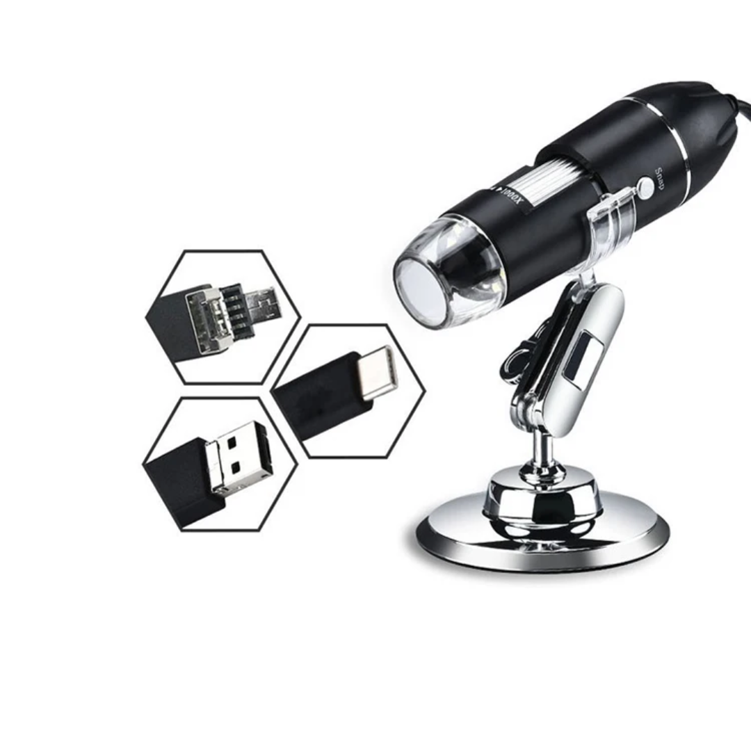 3-in-1 Digital USB Microscope – 1000X Magnifier with 8 LED Lights – Compatible with Android, Windows & Mac